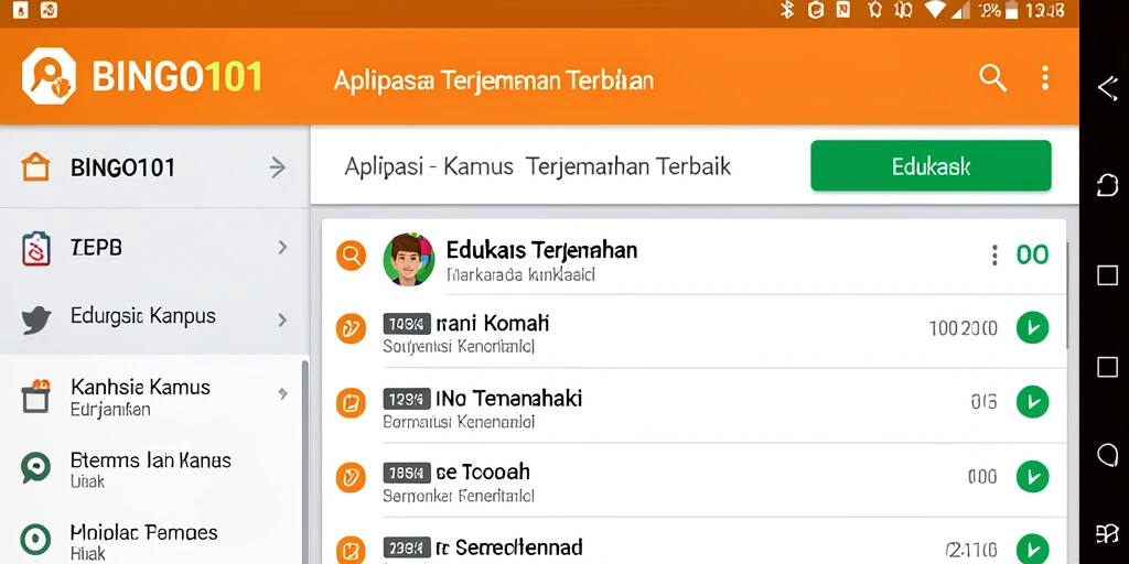 Tampilan antarmuka BINGO101 untuk Kamus Terjemahan yang mudah digunakan.
