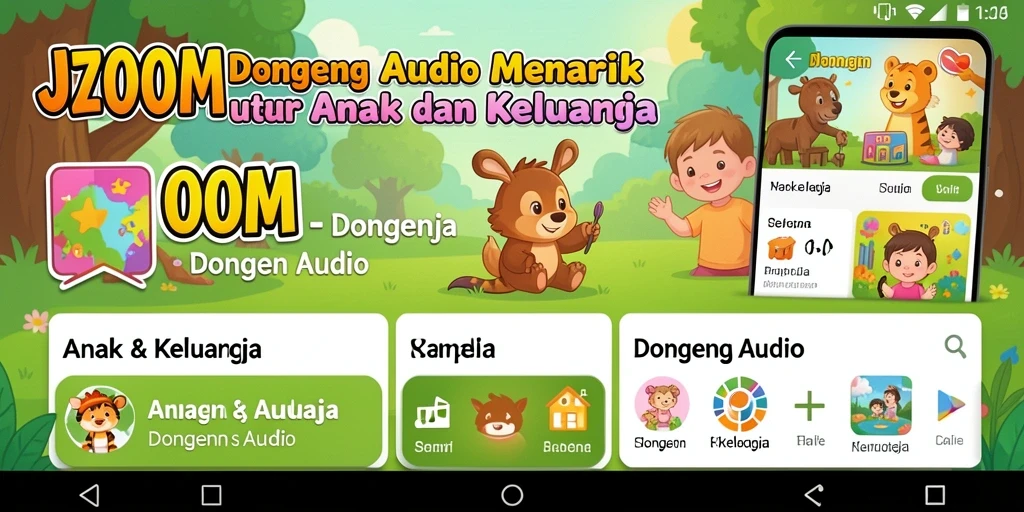 Antarmuka aplikasi J200M yang menarik dengan berbagai pilihan dongeng audio.