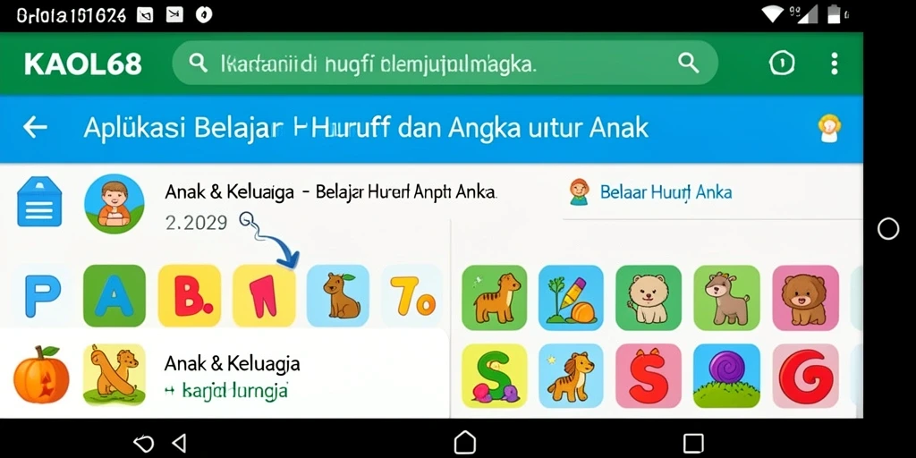 Tampilan antarmuka KAOL68 yang menarik untuk belajar huruf dan angka.